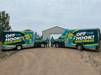 Two Off The Hook! Heating Air & Plumbing technicians and trucks ready to serve Rogers